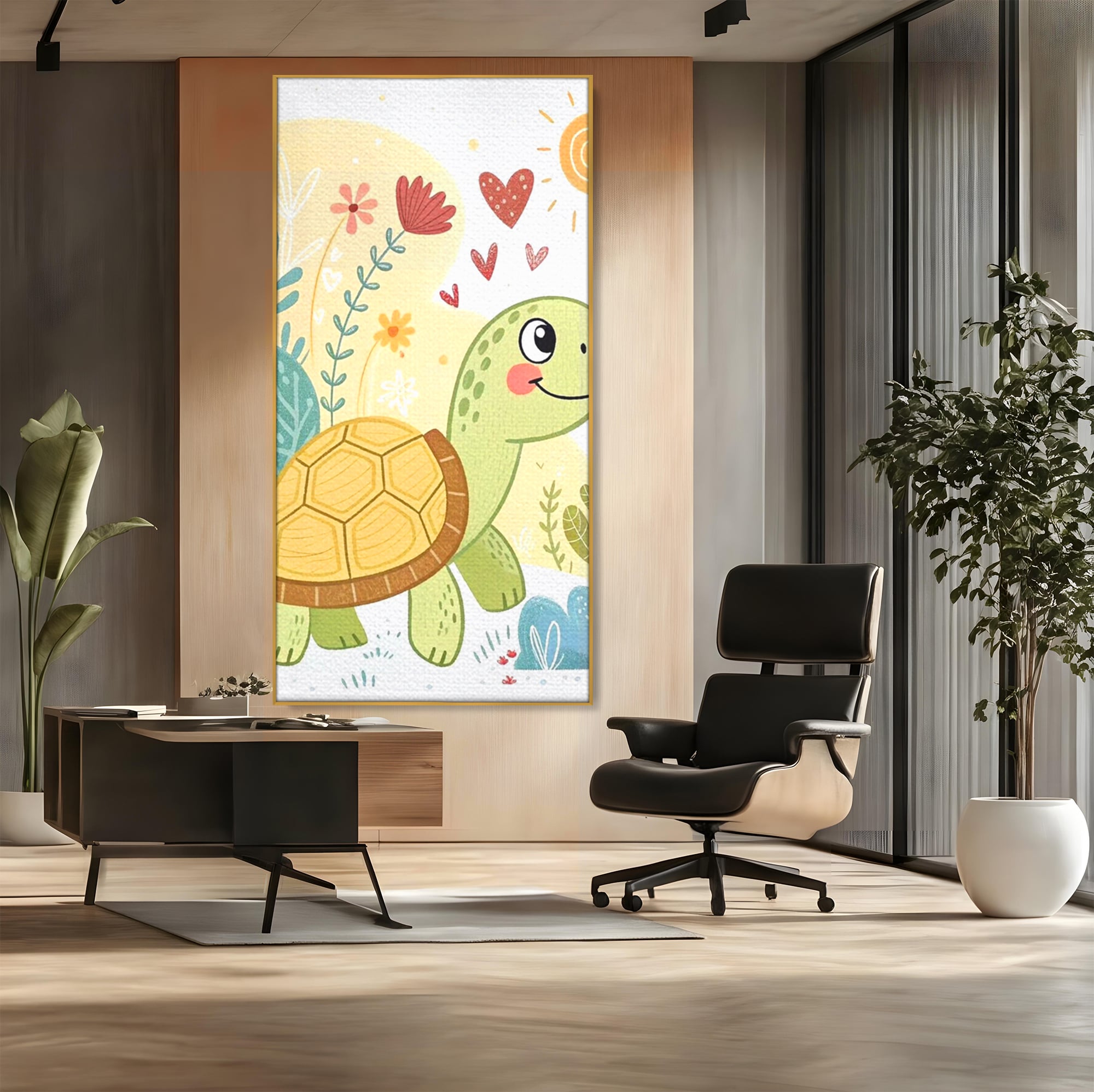 Tablou canvas cu ilustratie cu testoasa vesela printre flori, in rama de aluminiu auriu, pe perete intr-un birou